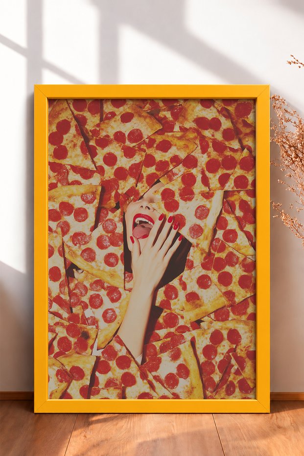 Laughing Woman between Pizza Slices Framed Painting Italy Poster Living Room Kitchen Wall Decor Itn040