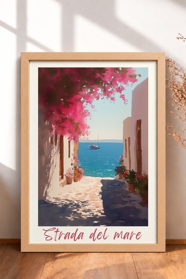 Strada Del Mare Written with Letters Begonvilli Street Framed Painting Italy Poster Wall Decor Itn025