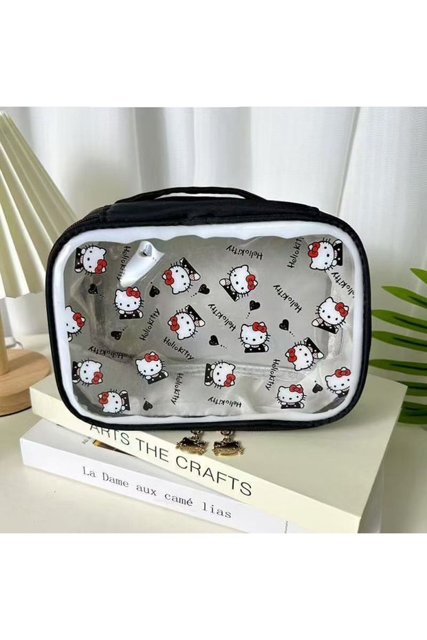 black Hello Kitty Cartoon Accessory Women's Handbag, Cosmetics Storage Bag, PVC Waterproof Material,