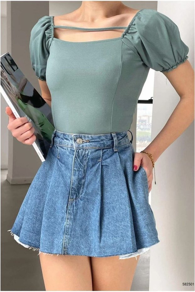 Crepe Fabric Collared Square Strap Blouse