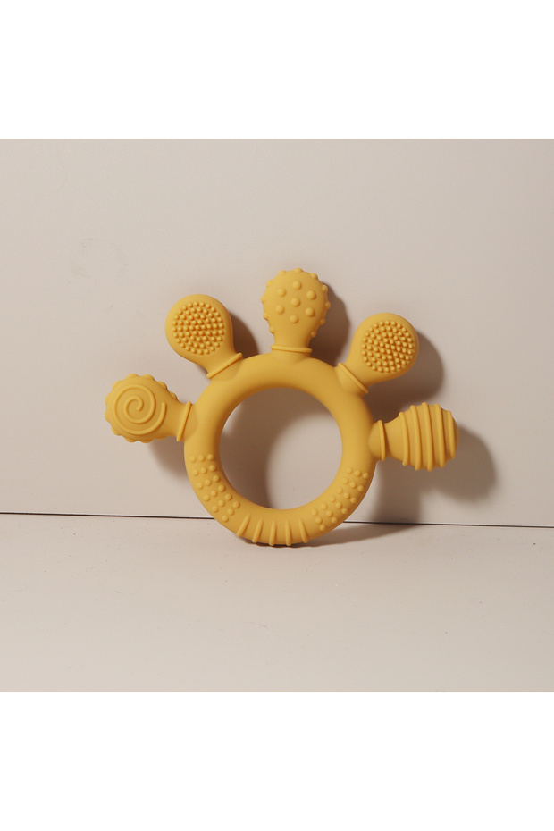 moonpie mustard Food Grade Silicone Hand Teether, Baby Teething Ring Sensory Soothing Toy