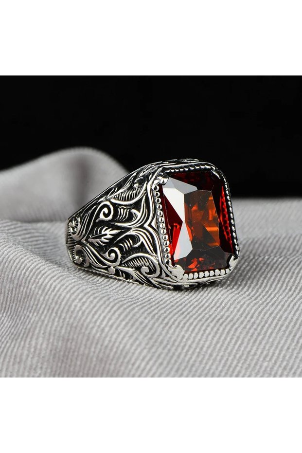 12 R1521 Vintage Handmade Turkish Signet Ring For Men Women Ancient Silver Color Carved Ring Red Yel