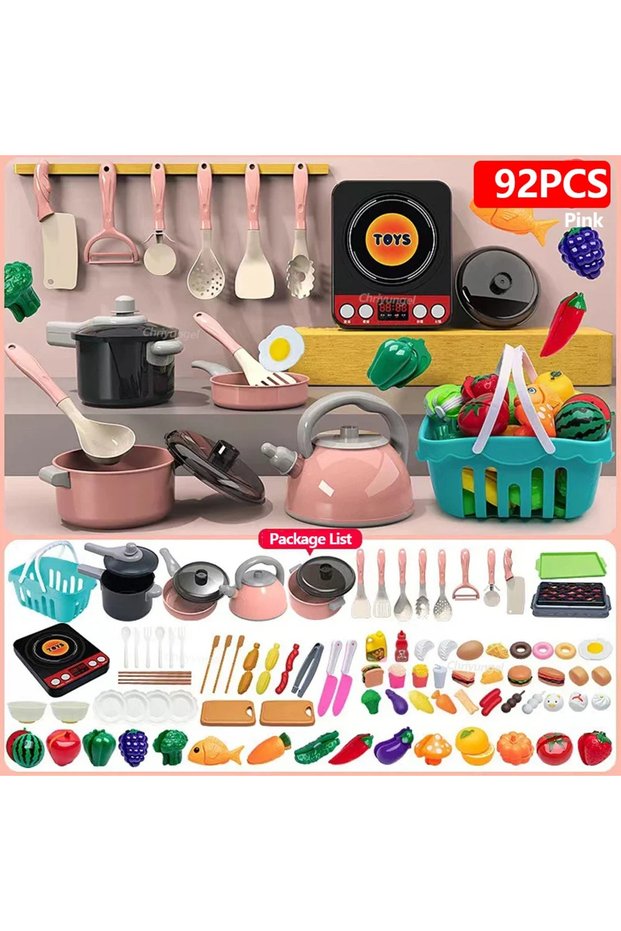 Pink-92PCS Kids Kitchen Toys Set 92/69/59 PCS Play Food with Pots Pans & Utensils Small Pretend Cook
