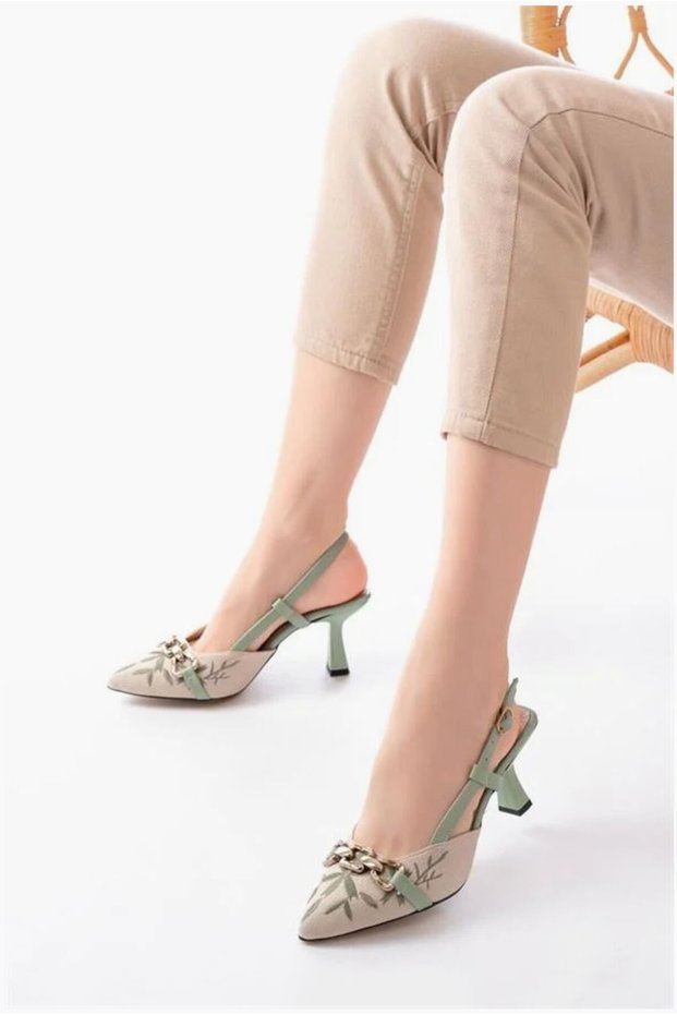Women's Linen Daily Pistachio Open Back Buckle Heeled Shoes