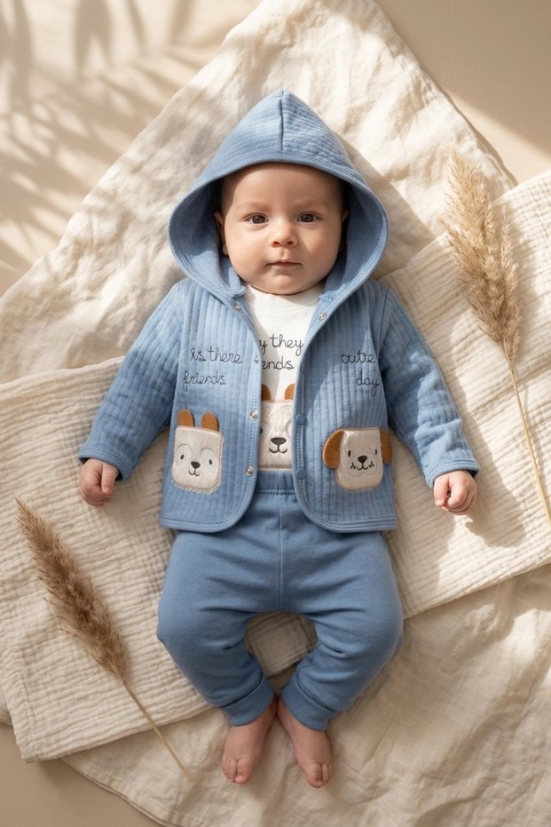 Lumi Bear Quilted Hooded Cardigan, Bodysuit and Jogger 3-Piece Baby Set - Premium Cotton Baby Combination