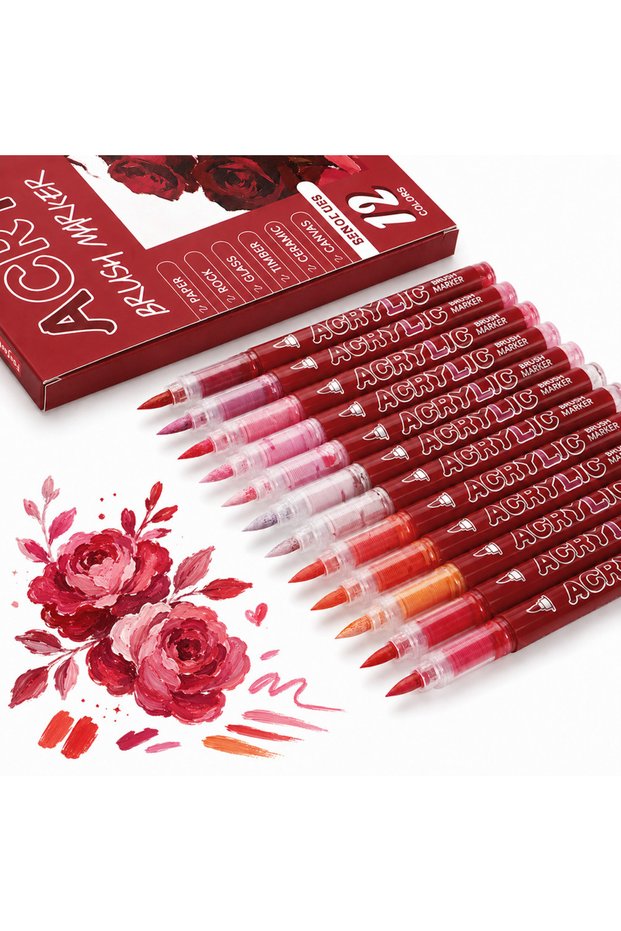 Red 12 Colors Acrylic Marker Set Permanent Markers with Brush Tip Acrylic Painting Marker for Rock G