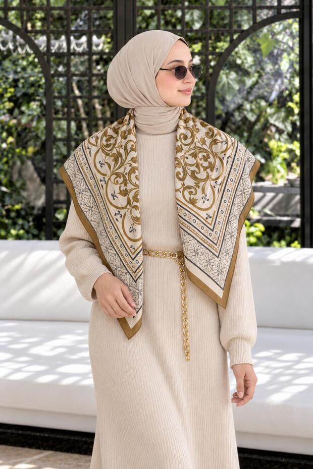 Anadaolu Motif Pattern Beige-Camel Soft Foulard Scarf 90X90 cm