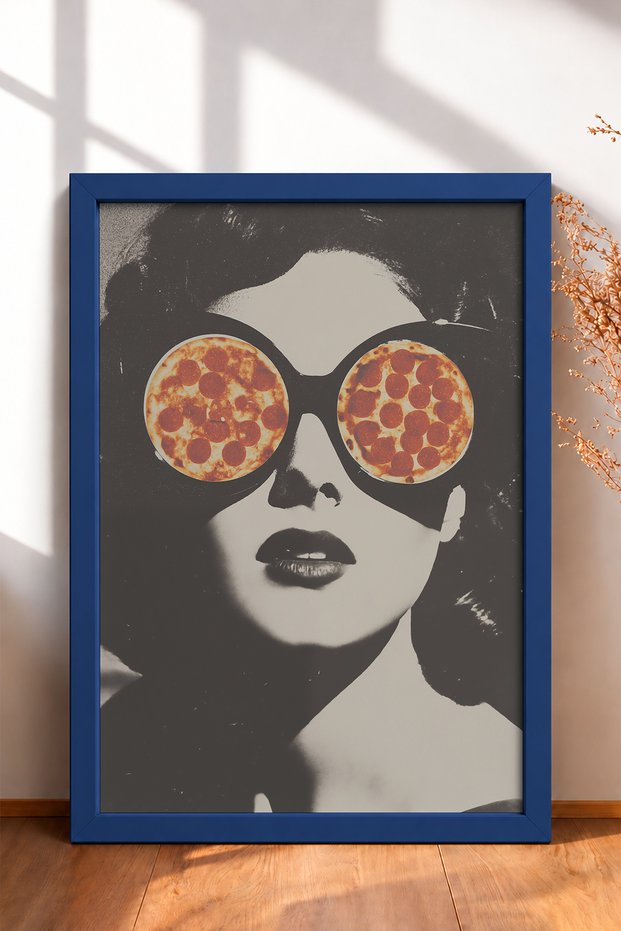 Retro Woman with Pizza Glasses Portrait Framed Painting Italy Poster Living Room Kitchen Wall Decor Itn039