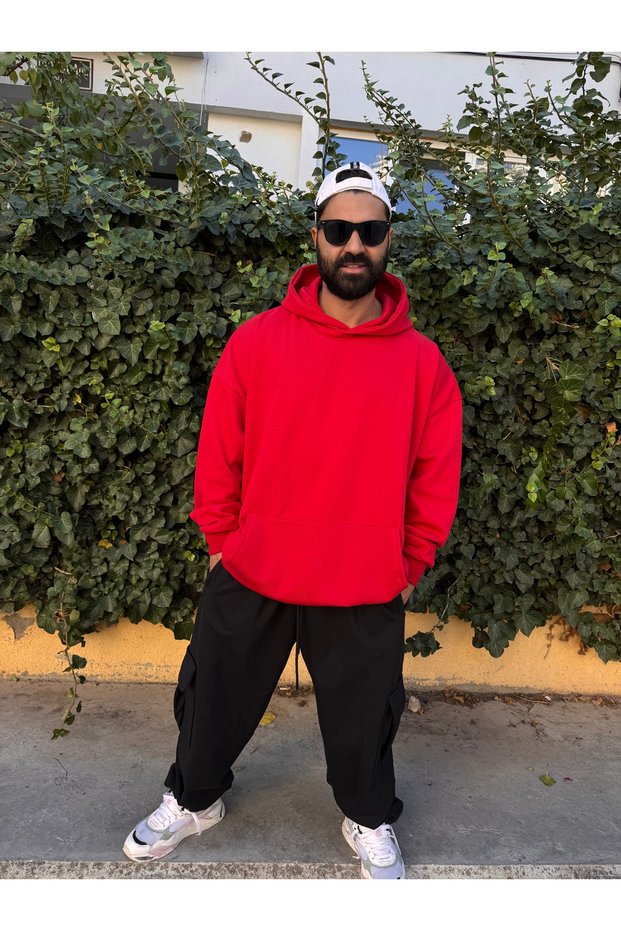 Red 3 Thread Thick Hooded Oversized Special Cut Thick Winter Hoodie
