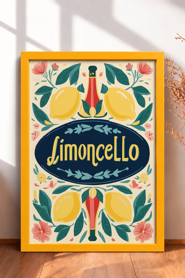 Limoncello Written Lemon and Flower Pattern Framed Painting Italy Poster Wall Decor Itn031