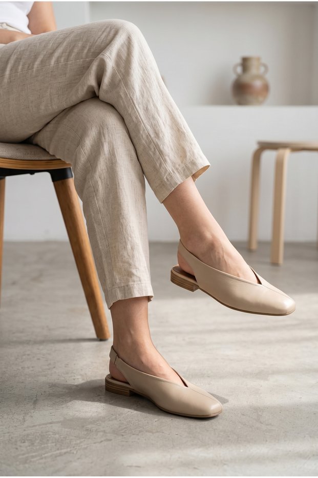 Women's Genuine Leather V-Neck Slingback Flat Sole Casual Shoes