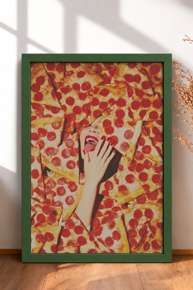 Laughing Woman between Pizza Slices Framed Painting Italy Poster Living Room Kitchen Wall Decor Itn040