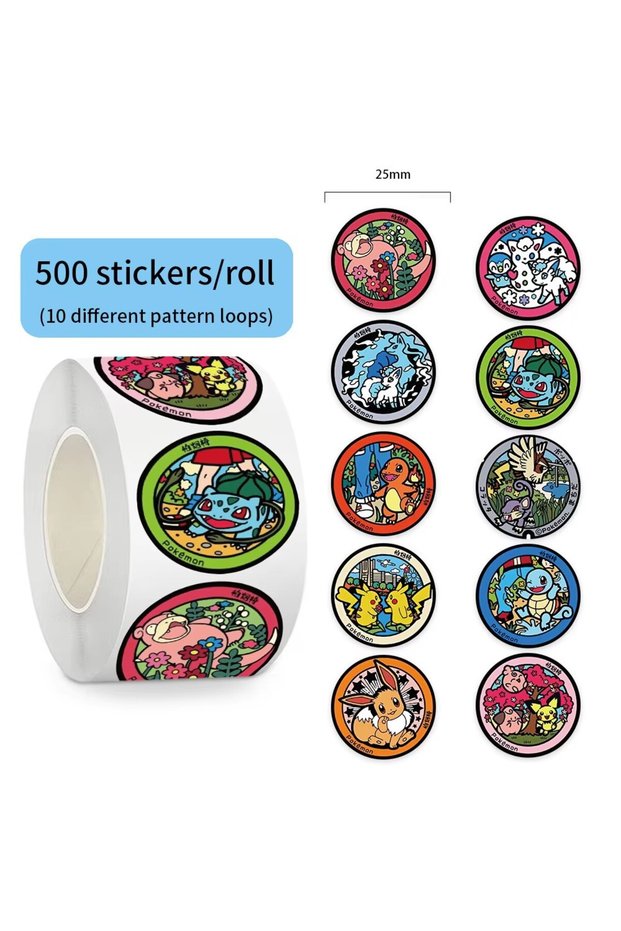 Roll 500pcs/Roll Pokemon Cartoon Round Card Sealing Stickers DIY PVC Laptop Decals Decoration