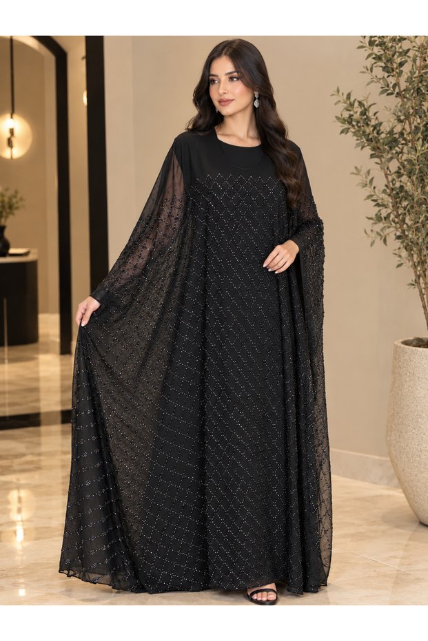 جلابية سهرة سوداء فاخرة بتطريز لامع
