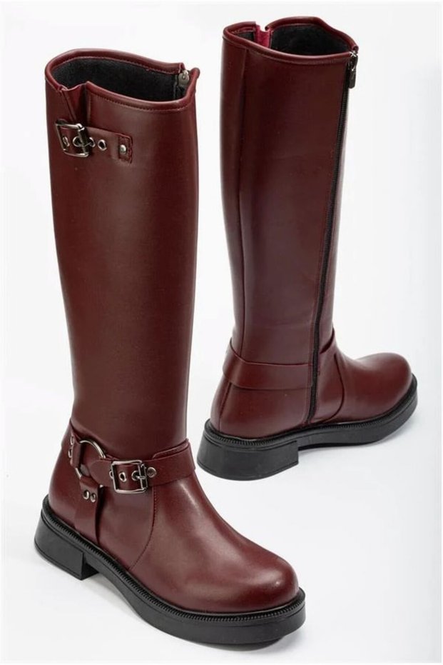 Women's Zippered Long Boots with Buckle Accessories and Durable Design
