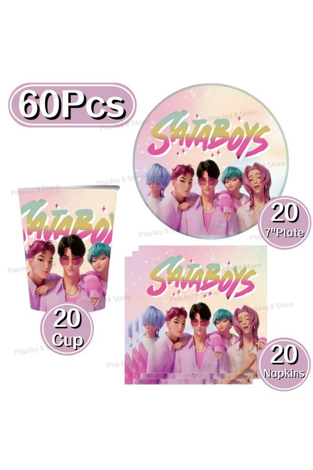 D-60PCS 60Pcs Kpop Girl Theme Disposable Tableware Set Cartoon Paper Plates Cups Napkins Kids Birthd