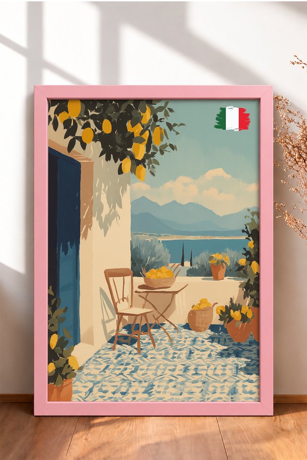 Lemon Tree Blue Door Terrace Framed Painting Italy Poster Living Room Kitchen Wall Decor Itn055