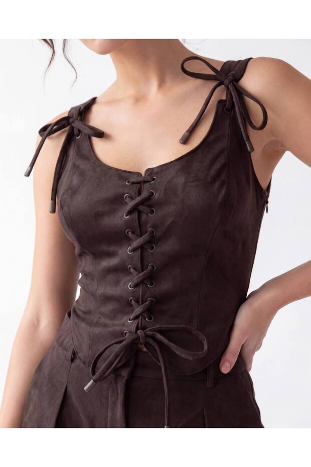Women's Special Design Suede Texture Lace-Up Detailed Corset Bustier - Bitter Brown