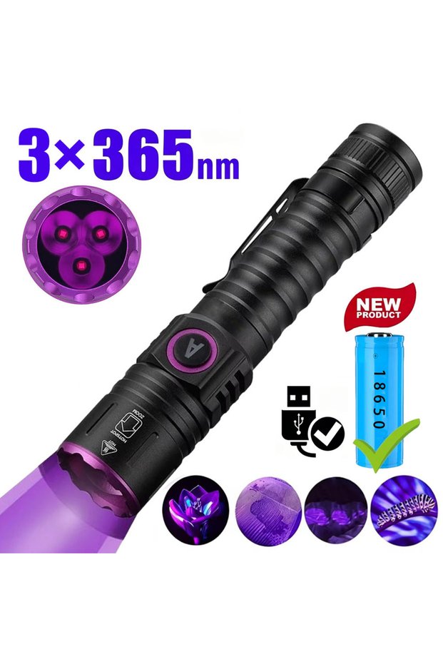 365NM-3LED 365/395nm UV Flashlight Zoom 5W Type C USB Rechargeable Black Light for Resin Curing, Sco