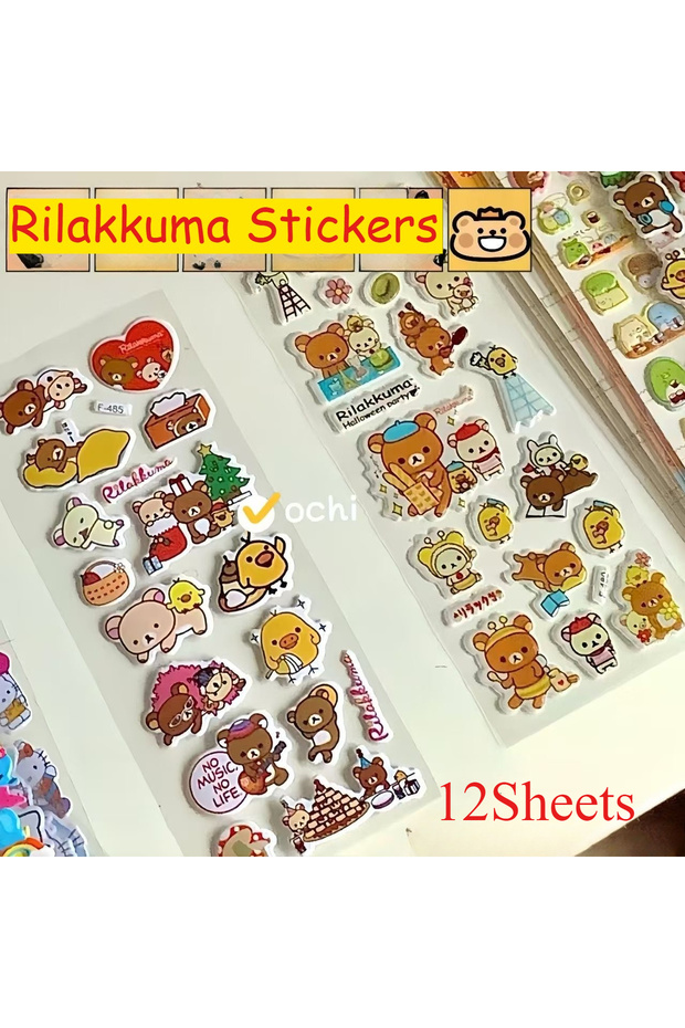 12pcs 12Sheets Cartoon Rilakkuma Bubble Stickers Kawaii Anime Three Dimensional 3D Puffy Bulk