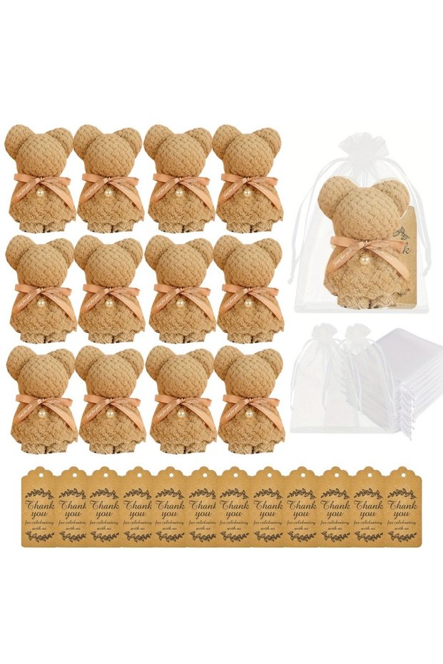 Chocolate 36Pcs/12sets Bear-Shaped Towel Greeting Card Gift Set for Wedding Favors, Bridal Shower, B