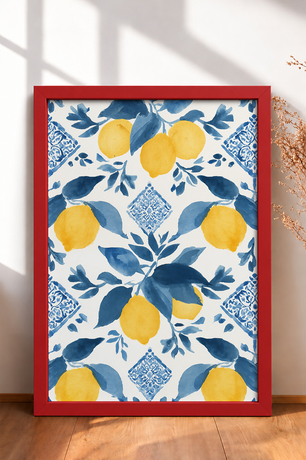 Blue Leafy Lemon Pattern on White Background Framed Painting Italy Poster Wall Decor Itn048