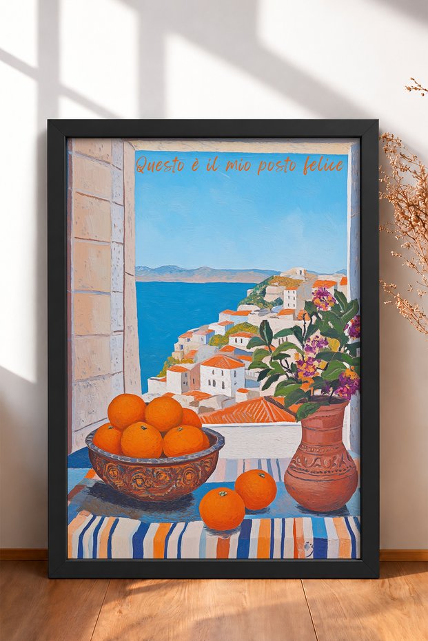 Coastal Town and Oranges from the Window Framed Painting Italy Poster Wall Decor Itn062