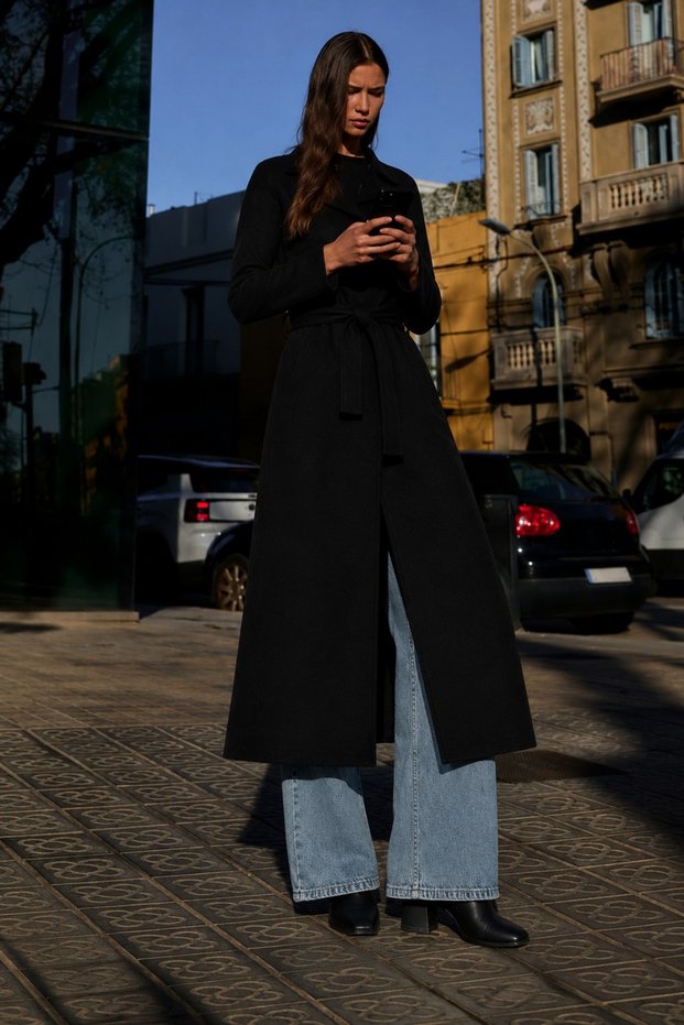 Women's Shawl Collar Belted Long Cashmere Black Coat