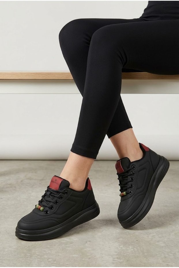 Farm Women's Sneakers Lace-Up Sports Shoes Beaded Black Leather