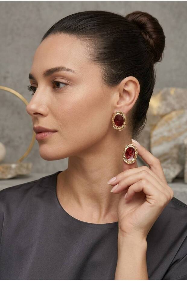 Women's Gold Textured Framed Marbled Oval Enamel Earrings - Pearlescent Red