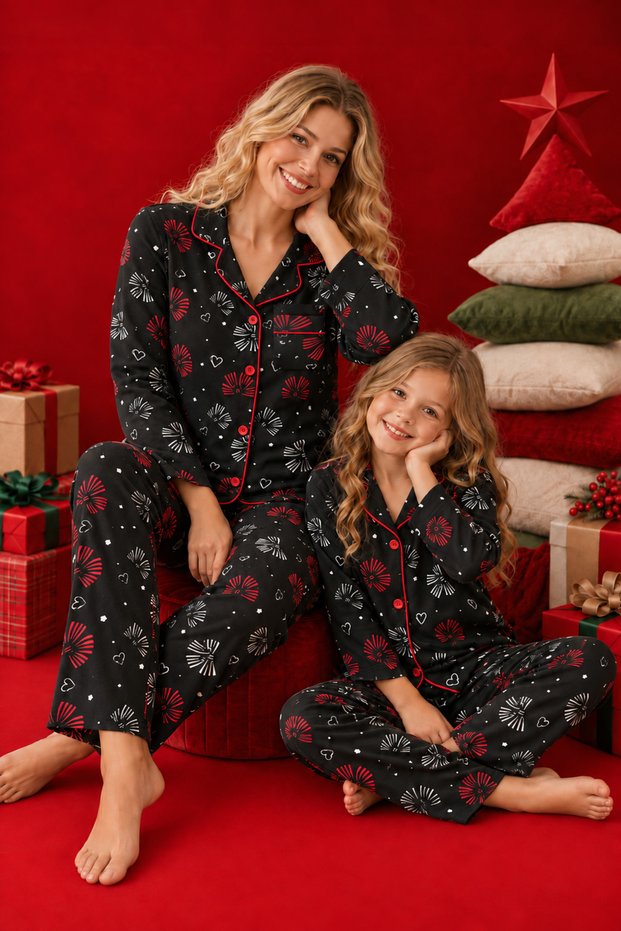 New Year's Pattern Crepe Suede Soft Textured Buttoned Interlaced Mother-Daughter Pajama Set