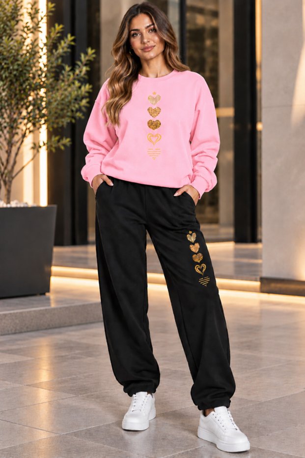 Women's Oversize Dik Printed Sweatshirt and Sweatpants Set Winter Sweat Top, Seasonal 2 Thread Sweatpants Dik