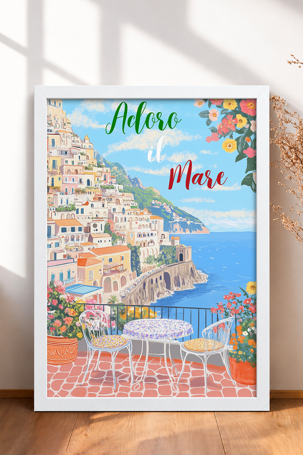 Adoro Il Mare Written Coastal Town Framed Painting Italy Poster Living Room Kitchen Wall Decor Itn082