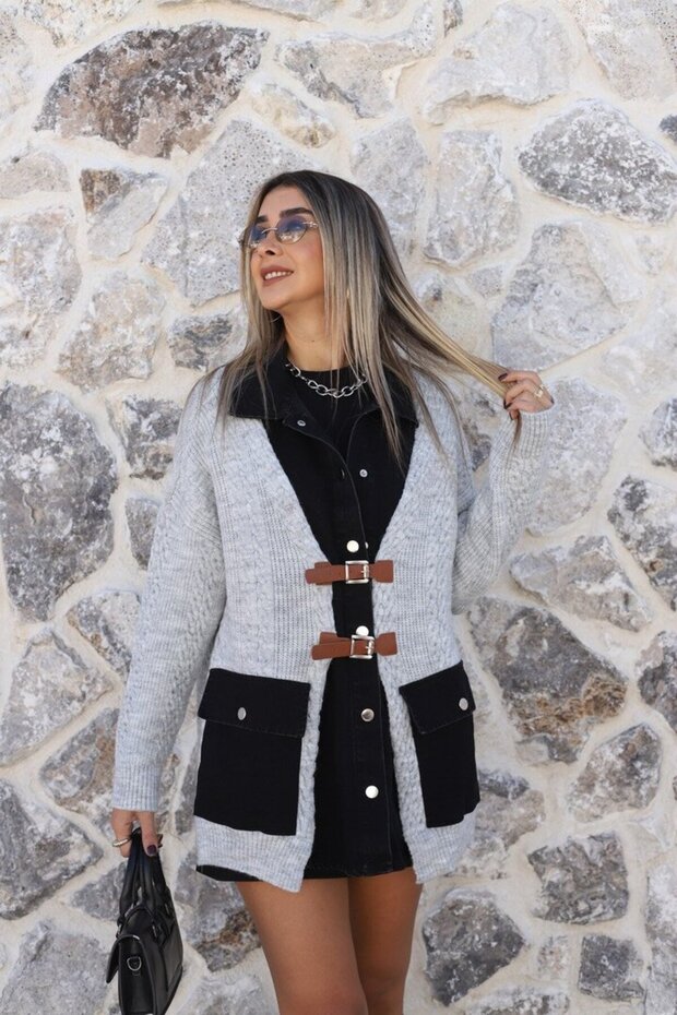 Gray Standard Size Knitwear Cardigan with Jean Detail