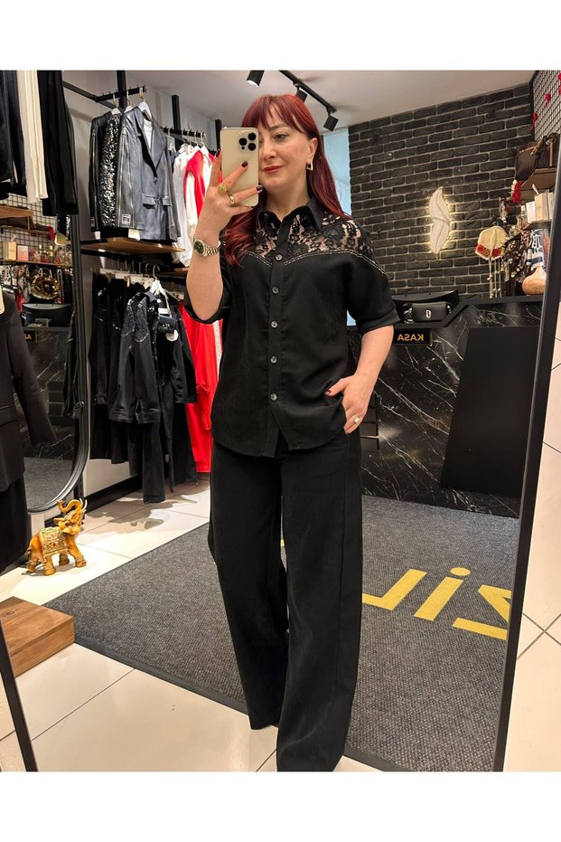 Women's Black Shirt and Pants Suit with Lace and Stone Details