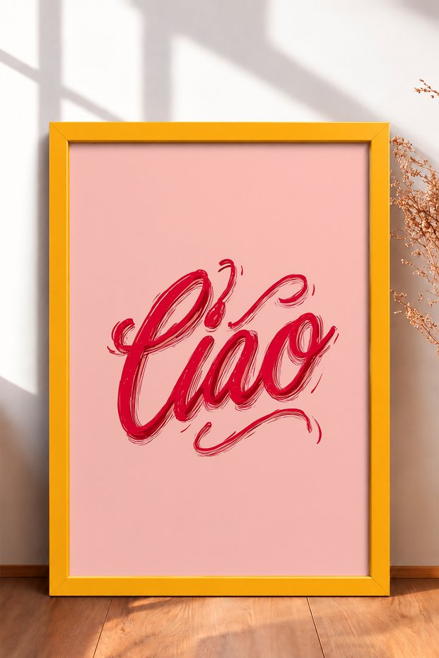 Red Ciao Writing on Pink Background Framed Painting Italy Poster Living Room Kitchen Wall Decor Itn084