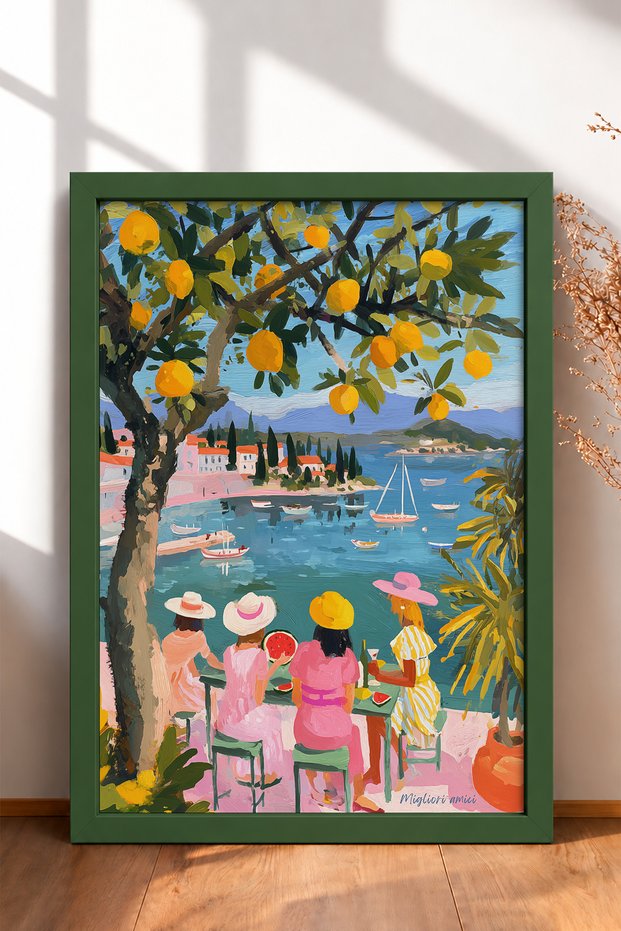 Four Friends under the Lemon Tree Framed Painting Italy Poster Living Room Kitchen Wall Decor Itn079