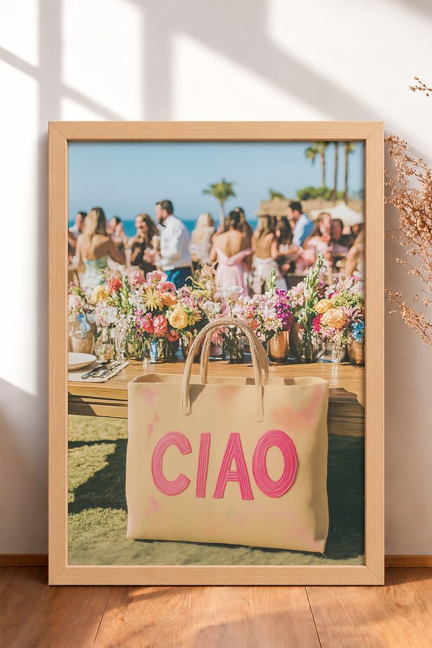 Pink Ciao Written Bag and Floral Table Framed Painting Italy Poster Wall Decor Itn074