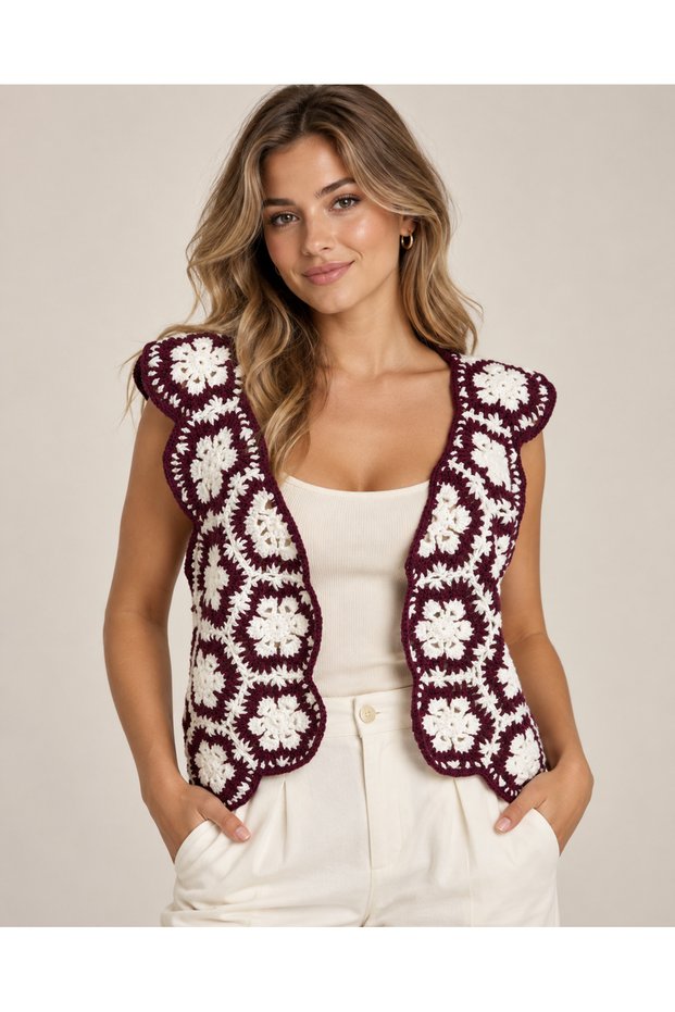 Women's Motif Crochet Cardigan, Hand Knitted Floral Pattern Vest, Koton Lase Yarn, Sleeveless Bohemian Vintage Cardigan