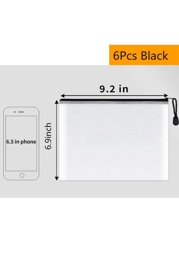 6Pcs A5 Black Waterproof Mesh Zipper Storage Bag A4/A6/B6/B8 File Document Pockets Bill Bags Folders