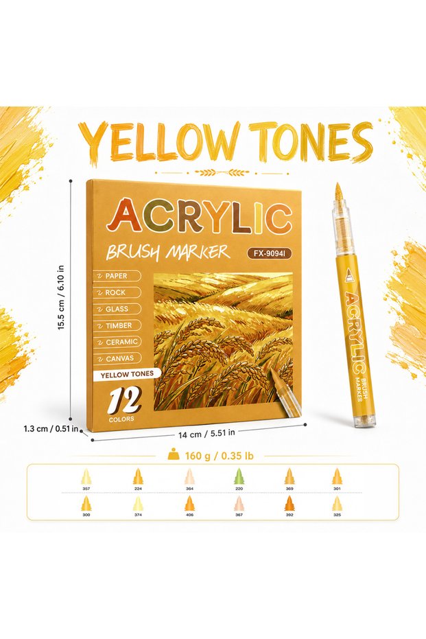 Yellow 12 Color Acrylic Paint Marker Set Professional Brush Tip Pens Waterproof Quick-Dry DIY Graffi