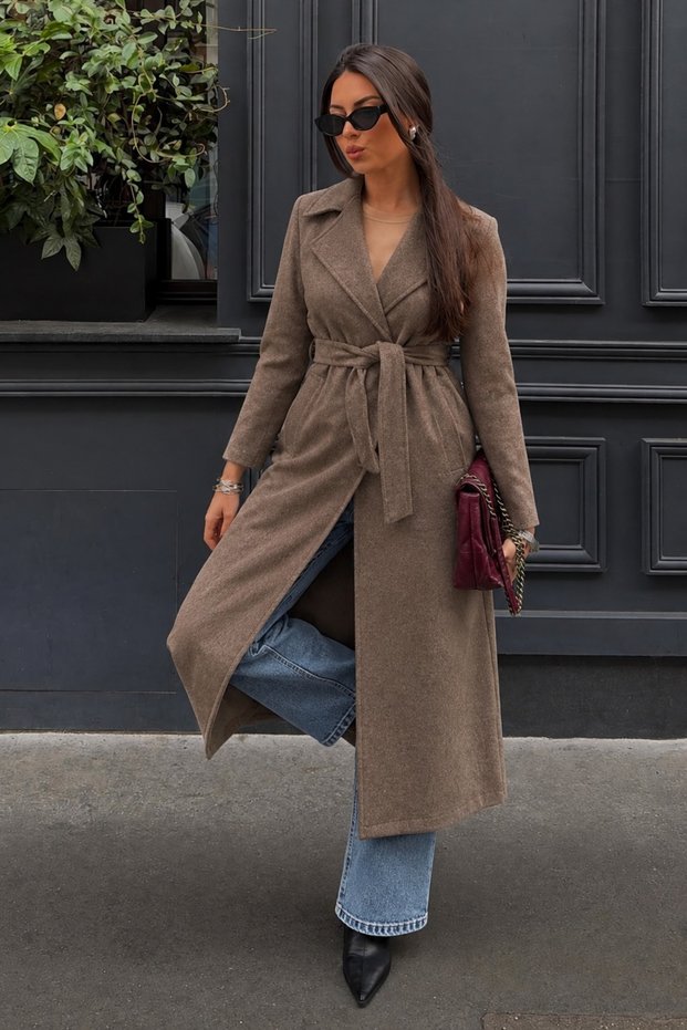 Women's Belted Double-Breasted Collar Long Cashmere Mink Coat