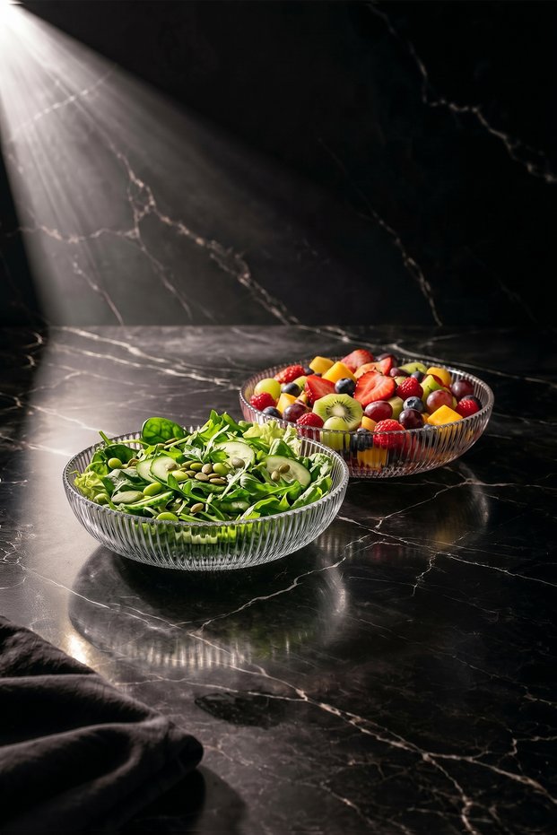Aria - Set of 2 Glass Salad Bowls 20 cm Striped Transparent Glass Deep Serving and Presentation Bowl Set