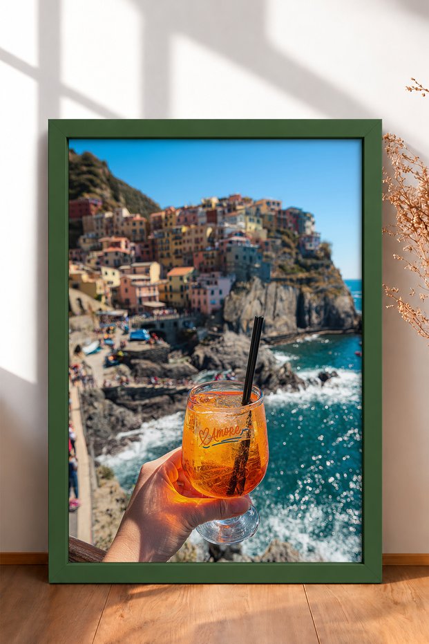 Amore Kadehte Cocktail and Coastal Village Framed Painting Italy Poster Living Room Kitchen Wall Decor Itn073