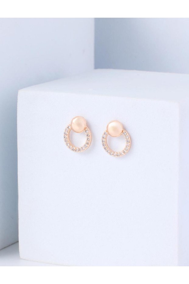 Gold Color 100% Brass Pearl Detailed Stone Hoop Earrings