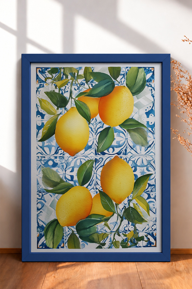 Green Leafed Lemons on Tile Floor Framed Painting Italy Poster Living Room Kitchen Wall Decor Itn117