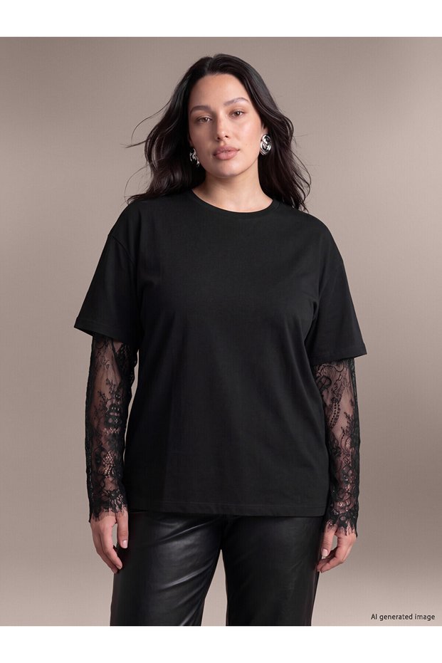 Vizyon New Season Black Crew Neck Lace Detailed Blouse