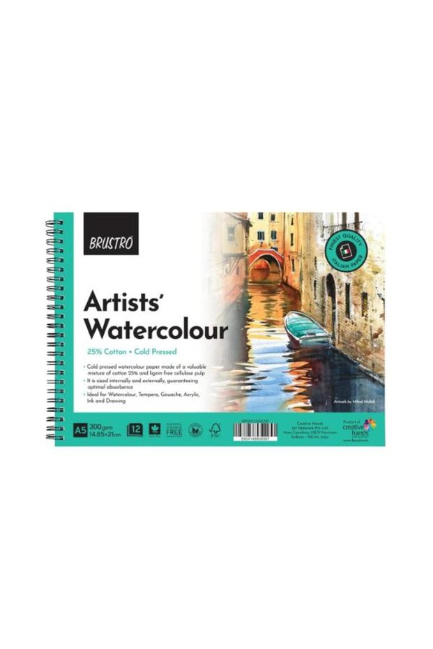 Watercolour Pad A5-300 GSM, 25% Cotton, 12 Sheets, Wiro Bound
