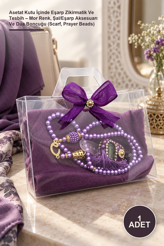 1 Piece of Acetate Scarf in a Box with Zikirmatik and Prayer Beads – Purple Color, Shawl/Scarf Accessory and Prayer Beads (Scarf, Prayer Beads)