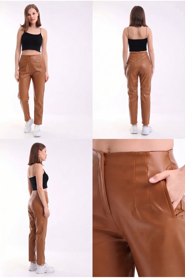 High-Waisted Leather Trousers-Carrot/Front Pleated